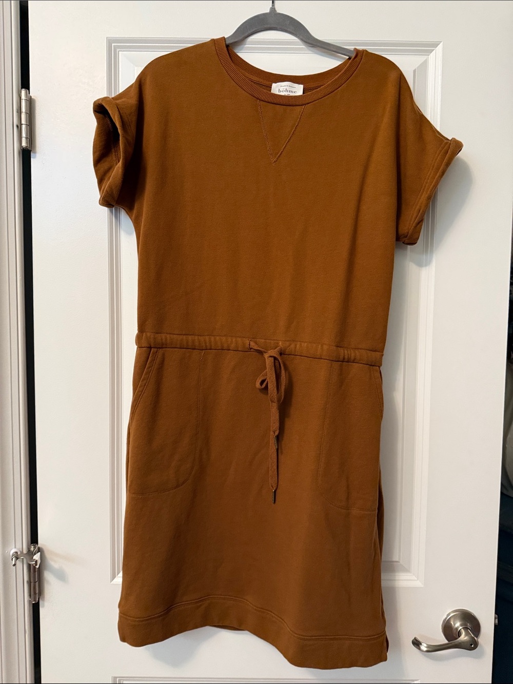 bohme Short Sleeve Drawstring Waist Dress in Rust Brown